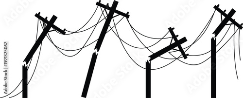Broken electric utility poles with hanging power lines silhouette, damaged electricity infrastructure after storm or disaster, black vector illustration isolated