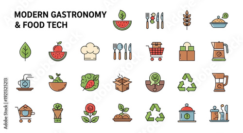 A collection of modern gastronomy and food technology icons showcasing various culinary elements and kitchen utensils in a clean and simple illustration style.