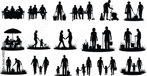 Collection of Family and Worker Silhouettes Performing Daily Activities, Gardening, Cleaning, Dining, Parenting and Outdoor Tasks Isolated on White Background Lifestyle Concept Set