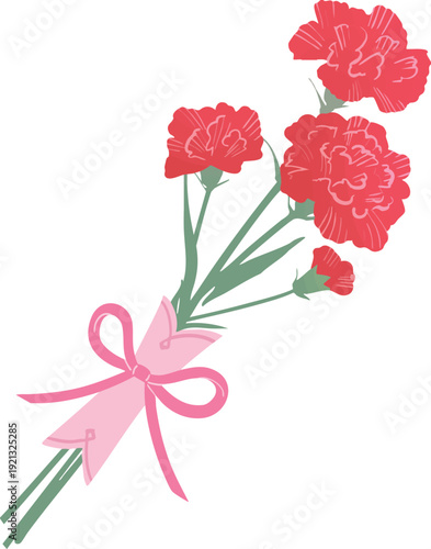 母の日のカーネーション（リボン付き）ベクターイラスト｜ありがとう・ギフト用花素材