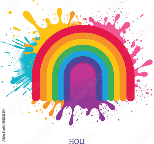 Vibrant rainbow illustration featuring colorful paint splatters symbolizing the joyous celebration and spirit of the Hindu festival of holi with bright artistic flair