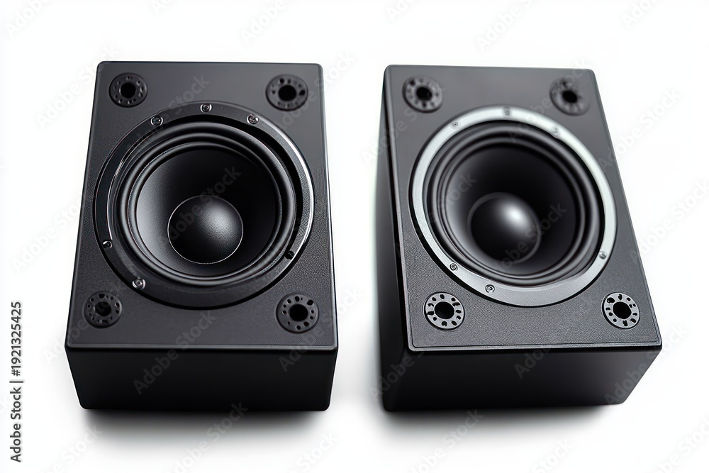 Fototapeta premium Pair of sleek black studio monitor speakers with visible woofer cones and mounting holes on a clean white background, conveying precision and power