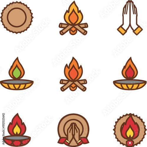 Collection of sacred icons representing fire elements like campfires and traditional oil lamps alongside gestures of prayer and ritualistic objects for religious ceremonies