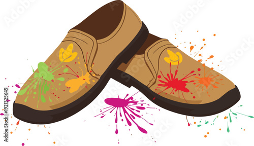 Casual slip-on canvas shoes decorated with vibrant multicolored paint splatters and stylized abstract flower designs suggesting playful artistic expression or messy fun.