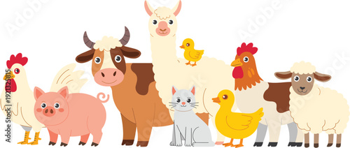 Cute Farm Animals Vector Set with Cow Sheep Pig and Llama for Kids Nursery and Rural Life Illustrations