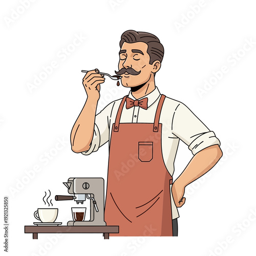 Barista tasting coffee from spoon, espresso machine and cup on white background