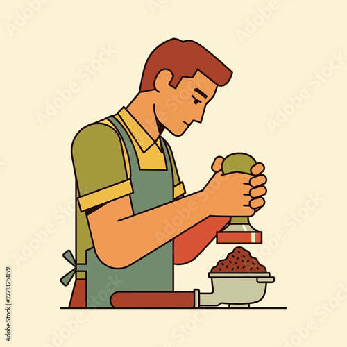 Barista tamping coffee grounds for espresso preparation