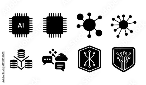 AI Chip Silhouette Icon Set Digital Network Circuit Technology Vector Collection Transparent Background