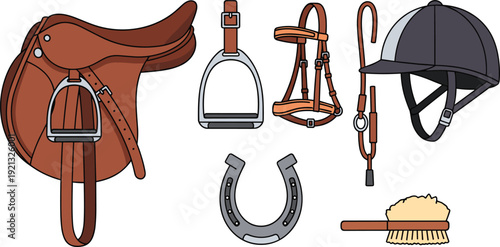 Equestrian set with a brown leather saddle, stirrups, horse bridle, riding helmet, horseshoe and brush on white background.