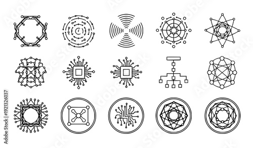 Abstract Technology Line Icon Set Data Network AI Circuit Vector Collection Transparent Background