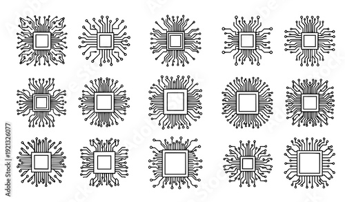 Circuit Board Icon Set AI Chip Motherboard Technology Line Vector Collection Transparent Background