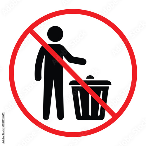 No littering prohibition sign showing a person throwing trash into a bin crossed by a red circle and diagonal line. Simple black pictogram on light background, ideal for public notice, hygiene and saf