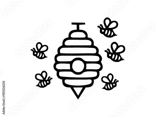​Beehive and Bees Line Art Illustration - Minimalist Honeycomb and Swarm Icon