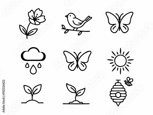 Spring Nature Line Art Icon Set - Minimalist Floral and Wildlife Illustrations
