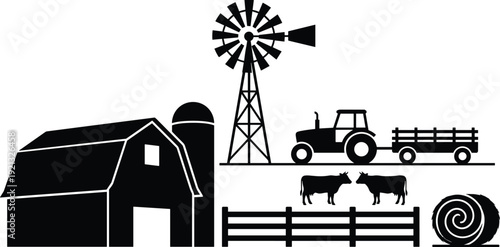 Farm landscape silhouettes with barn, windmill, tractor, cattle and hay bale, rural agriculture black vector illustration isolated on white