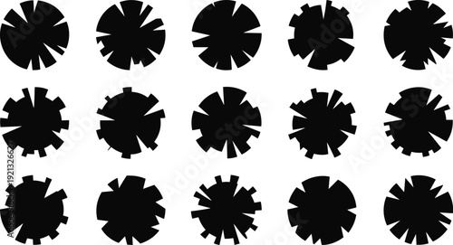 Abstract circular burst silhouettes collection, black radial sunburst shapes set, modern vector design elements isolated on white background