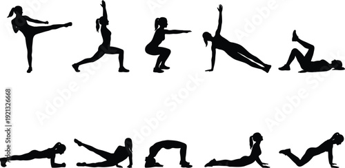 Female fitness silhouette collection performing yoga, stretching, plank, squat and kick exercises, healthy lifestyle workout vector illustration isolated on white background