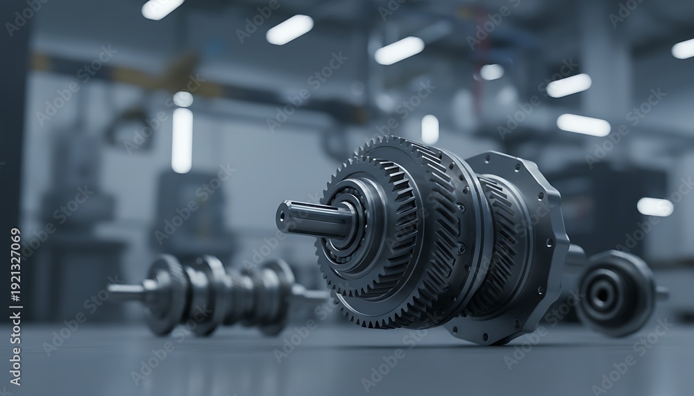 Fototapeta premium Close-up of mechanical gear assembly and transmission parts in a modern industrial factory setting.