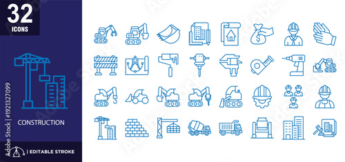 Construction line blue icon set