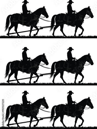 Cowboy silhouette vector set featuring western riders on horses pulling farm equipment, rural agricultural ranching scene, american frontier landscape, isolated black graphics.