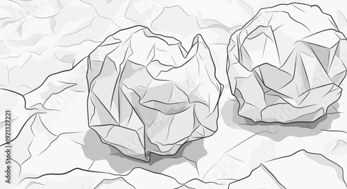 A sketch of two crumpled balls of paper on a textured, wrinkled surface.