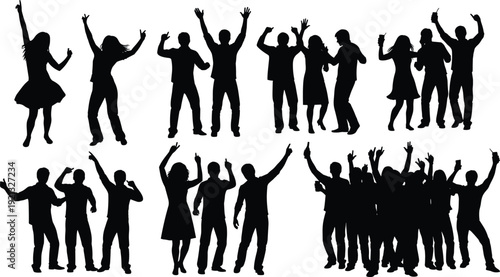 Group of Dancing People Silhouettes Celebrating at Party with Raised Hands, Crowd Enjoying Music and Nightlife Isolated on White Background Entertainment Concept