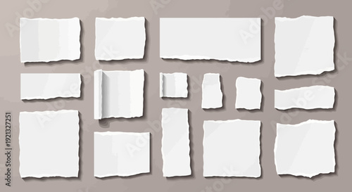 A collection of various torn and crumpled white paper scraps arranged on a textured brown background.