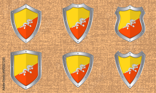 Set of metal shields with the Bhutanese flag