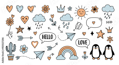 A collection of cute hand-drawn doodles including hearts, clouds, sun, stars, flowers, penguins, a cactus, a rainbow, and paper airplanes.