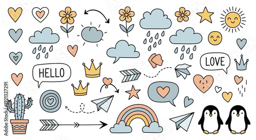 A collection of cute hand-drawn doodle elements including hearts, clouds, flowers, penguins, and rainbows.