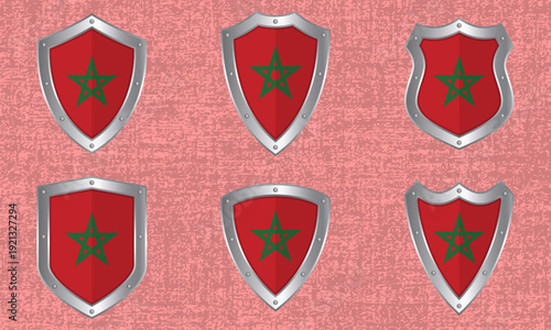 Set of metal shields with the Moroccan flag