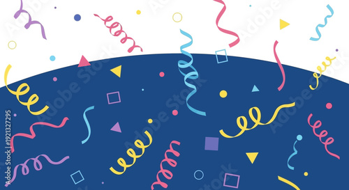 A festive background with colorful confetti and streamers on a dark blue surface.