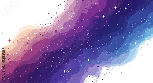 A vibrant watercolor galaxy with swirling colors of pink, purple, and blue, dotted with sparkling stars and cosmic dust.