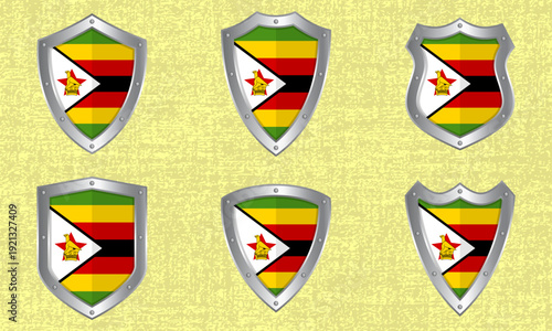 Set of metal shields with the Zimbabwean flag
