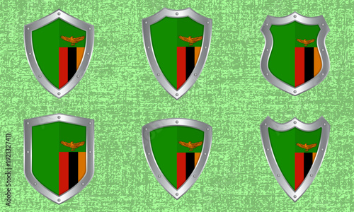 Set of metal shields with the Zambian flag