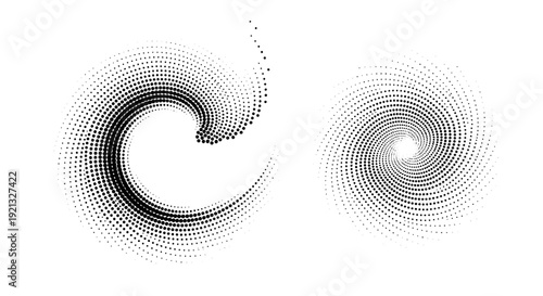 Two abstract swirling vortex patterns created from small dots, one larger and more defined than the other.