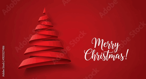Festive Red Paper Christmas Tree with Merry Christmas Greeting on Red Background