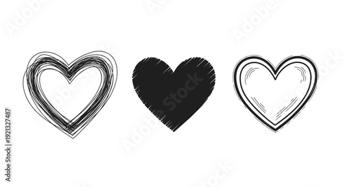 Set of three diverse heart icons with hand-drawn sketchy and filled styles