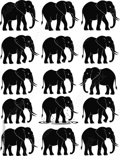 Elephant, silhouette, set, black, African, animal, icons, savanna, wildlife, trunk, tusks, walking, majestic, mammal, nature, isolated, on, white, background, vector, illustration, safari.