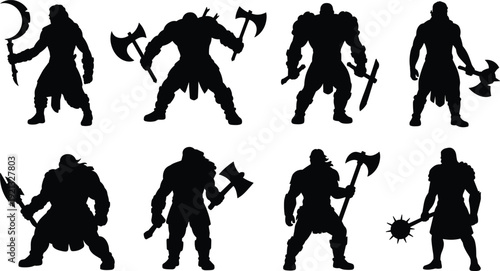 Barbarian warrior silhouettes set, fantasy fighters with axes and swords, black vector illustration isolated on white background collection