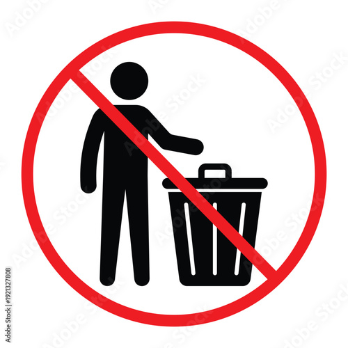 No littering prohibition sign showing a person throwing trash into a bin crossed by a red circle and diagonal line. Simple black pictogram on light background, ideal for public notice, hygiene and saf