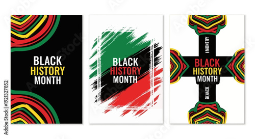 Black History Month posters featuring pan-African flag colors and abstract designs