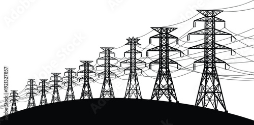 High voltage power transmission towers silhouette, electricity pylons with overhead lines across landscape, energy infrastructure grid, industrial utility network illustration isolated