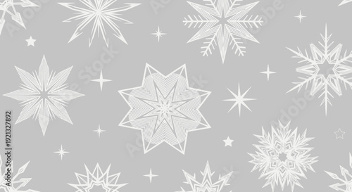 Abstract White Snowflakes Seamless Pattern on Grey Background