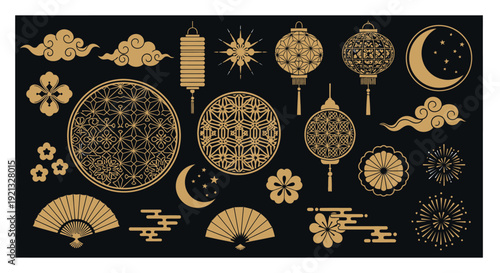 Traditional Chinese Decorative Elements Collection: Lanterns, Fans, and Moon Motifs