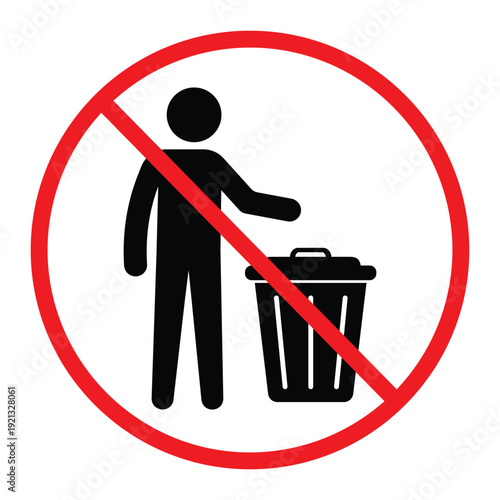 No littering prohibition sign showing a person throwing trash into a bin crossed by a red circle and diagonal line. Simple black pictogram on light background, ideal for public notice, hygiene and saf