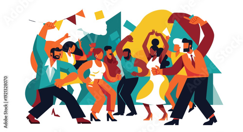 Diverse group of people dancing and celebrating at a vibrant party with colorful decorations