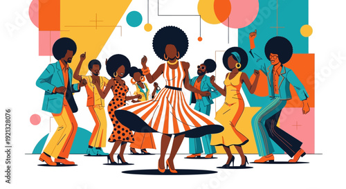 Retro Disco Party People Dancing and Having Fun in Colorful Outfits