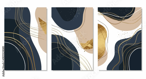 Set of Abstract Midcentury Modern Vector Art with Gold Lines and Textures