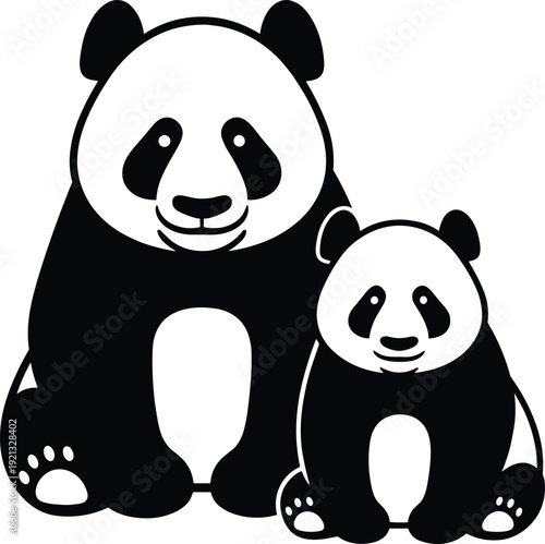 Giant, panda, mother, and, cub, sitting, together, cute, black, and, white, animal, characters, isolated, on, white, background, vector, illustration, family, love, nature.